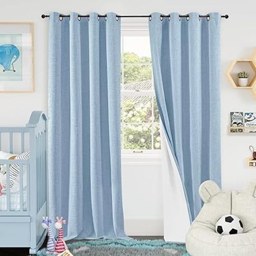 Baby Blue Linen Blackout Curtains for Nursery 95 Inch Length 2 Panels Set, Thermal Insulated Boho Total Black Out Noise Reducing Bonzer Grommets Window Curtains for Kids Bedroom, Each 52 Inch Wide