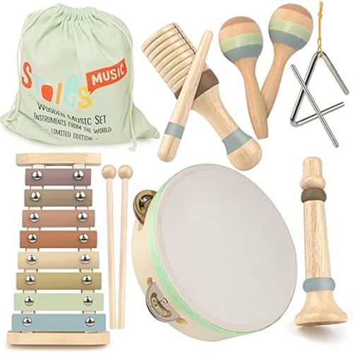 Stoie's Wooden Musical Instruments for Toddlers 1-3 - Montessori Music Toys for 1 Year Old, with Xylophone, Tambourine and More - Aids Educational Development and Creativity -Baby Musical Instruments