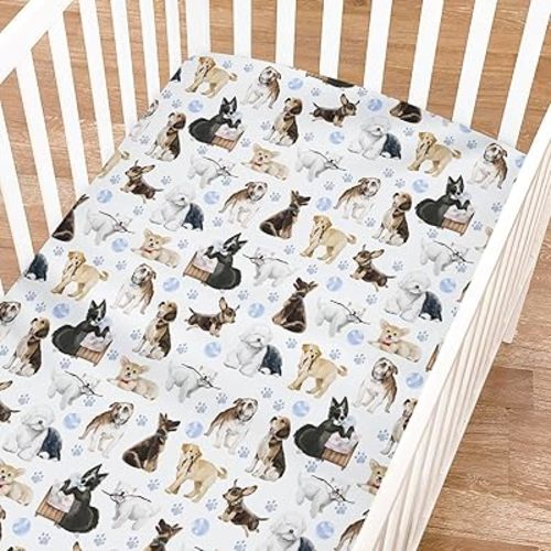 Cute Dogs Fitted Baby Crib Sheets for Girl Boy 52"x28" Funny Dogs Paws Blue Soft Breathable Crib Mattress Covers Dogs Lovers Gift Nursery Baby Sheet for Standard Crib and Toddler Mattress Pads