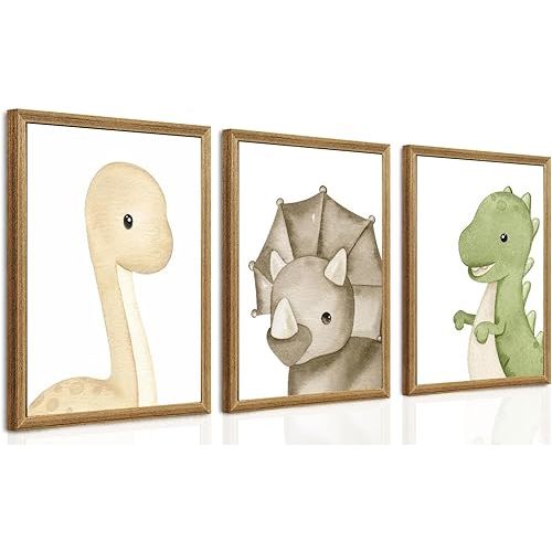 arfitest Dinosaur Wall Art Kids Boys Room Canvas Wall Decor Dino Nursery Wall Art Pictures Baby Dinosaur Poster Prints for Boys Bedroom Bathroom 12x16 Inch Framed Set of 3