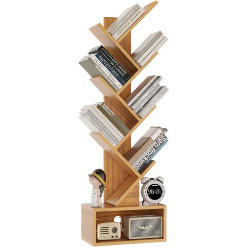 YMYNY 6 Tier Tree Bookshelf, Tall Bookcase, Wood Book Storage Rack with Drawer, Modern Floor Standing Book Shelf for Books/Movies/CDs, Utility Organizer for Living Room, Home Office, Natural UHBC016N