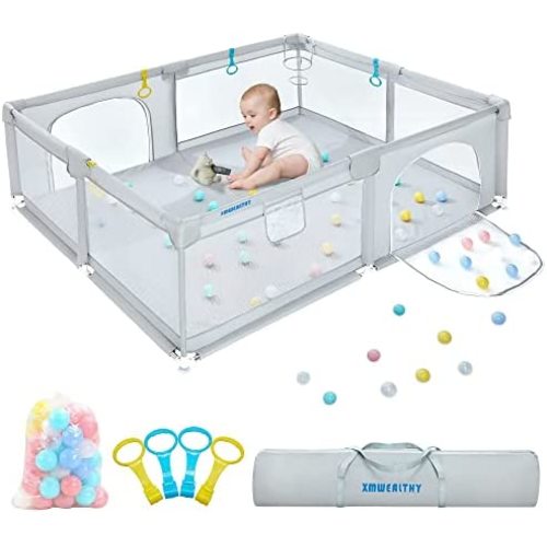 Baby Playpen Extra Large Playpen for Babies and Toddlers with Gate Safety Play Yards Kids Play Area Indoor & Outdoor 78" x 62" x 26" Light Grey (Including 50 Ocean Balls)