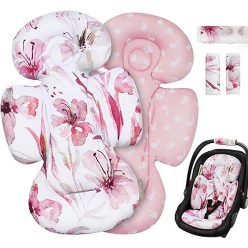 Infant Car Seat Insert, Head and Body Support, Reversible Newborn Insert Compatible with Baby Carseat, Stroller, Mamaroo Swing, Rocker, Bouncer. Baby Car Seat Cushion - Pink Floral