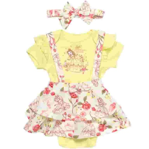 Disney Princess Belle Infant Baby Girls Bodysuit French Terry Jumper and Headband 3 Piece Outfit Set Newborn to Infant