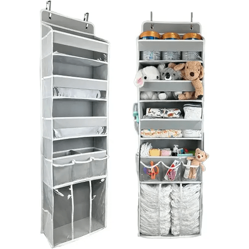 Door Hanging Storage Organizer,with 3 Bins 1 Movable Baby Diaper Caddy,1 Large capacity diaper stacking storage Organizer,10 Side Pockets ,Bedroom Door Storage for Nursery Baby Essentials.Grey 1 Pack.