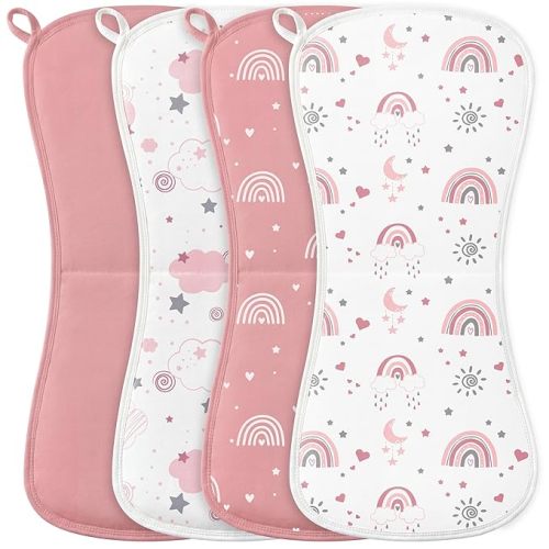 Burp Cloths Baby Girl, Large 21'' X 10'' Cotton Burping Cloths for Babies, Ultra Soft and Absorbent Burp Rags, 4 Pack Set Washcloths Newborn Spit Up Rags Pink Rainbow