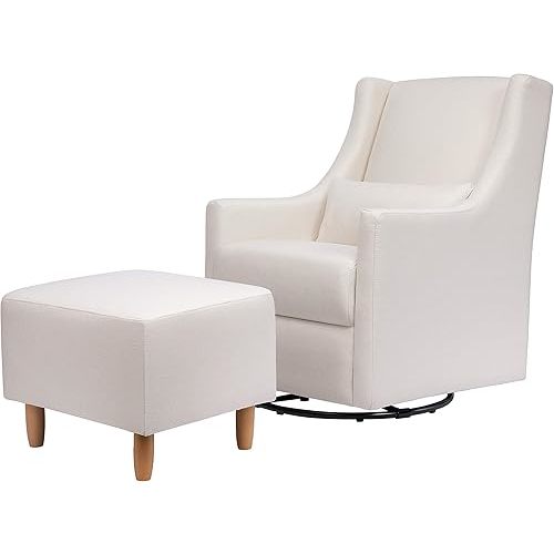 Babyletto Toco Upholstered Swivel Glider and Stationary Ottoman in Performace Cream Eco-Weave, Water Repellent & Stain Resistant, Greenguard Gold Certified