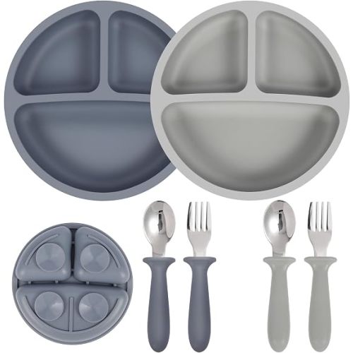 Eascrozn Toddler Utensils, 2 Pack Silicone Divided Suction Plates for Baby, 2 Pack Toddler Forks and Spoons Set, BPA Free, Baby Led Weaning Feeding Supplies, Microwave and Dishwasher Safe