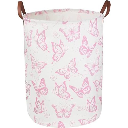 CLOCOR Pink Laundry Basket,Waterproof Nursery Hamper for Baby Girl ,Collapsible Storage Baskets for Girls Bedroom,Kids Toys Storage Bin,Room Decor,Gift Basket(Pink Butterfly