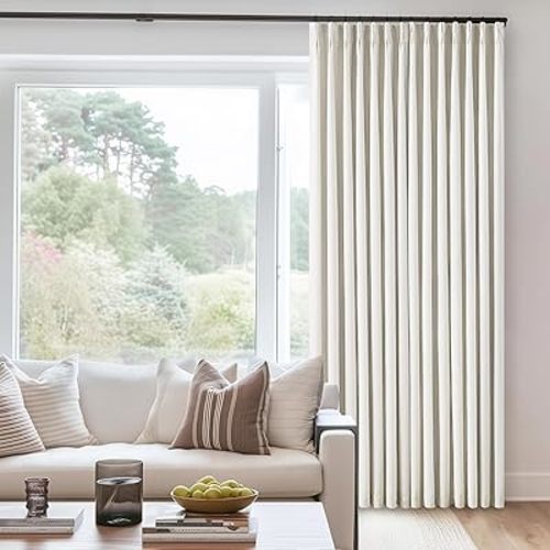 Natural Cream Pinch Pleated 100% Blackout Curtains 95 Inches Long Linen Room Darkening Window Curtains for Living Dining Room Bedroom Memory Shape Thermal Insulated Pinch Pleat Double Layer Drapes
