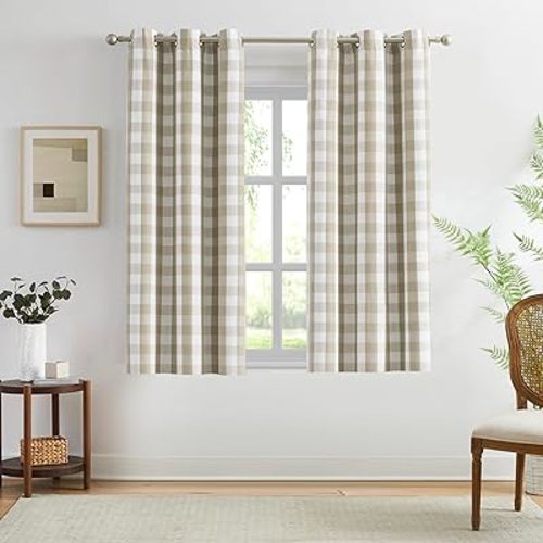Amzdecor Buffalo Plaid Check Full Blackout Curtain Woven Checkered GEO Thermal Insulated Energy Efficient Drapes Grommet 2 Layers Window Treatment for Bedroom Living Room,2 Panels,40"x63",Beige/White