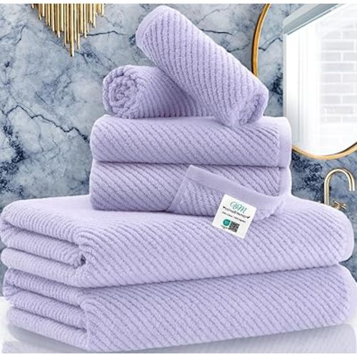 VOOVA & MOVAS Bathroom Towels Set of 6-100% Cotton | Quick Dry | Light Weight | Thick | Soft, 2 Large Bath Towels 30 x 56, 2 Hand Towels 18 x 28, 2 Wash Cloths 13 x 13, Bath Towels Gift Set, Purple
