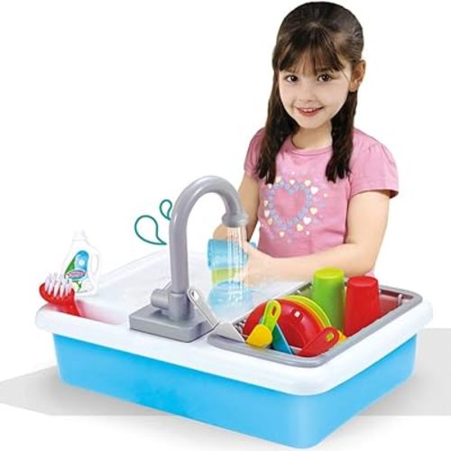 Kids Role Play Kitchen Sink with Running Water - 20 Piece Electric Dishwashing Toy with Working Faucet, Dish Rack, Plastic Dishes, Sponge, Brush and Pretend Dish Soap