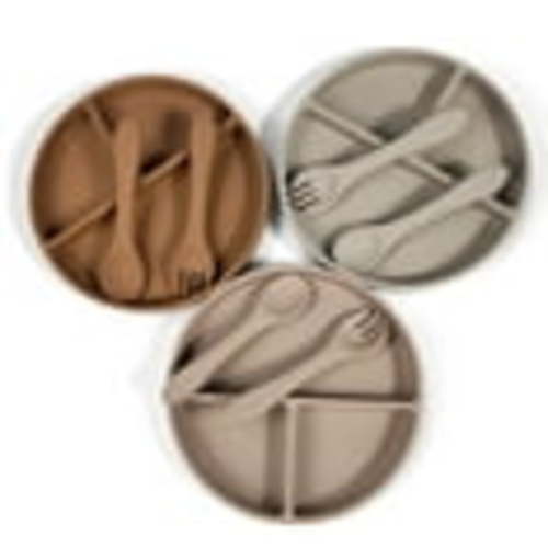 Won Wish BPA Free 100% Silicone Suction Baby Plates With Lids: Doeskin, Clay, & Warm Taupe