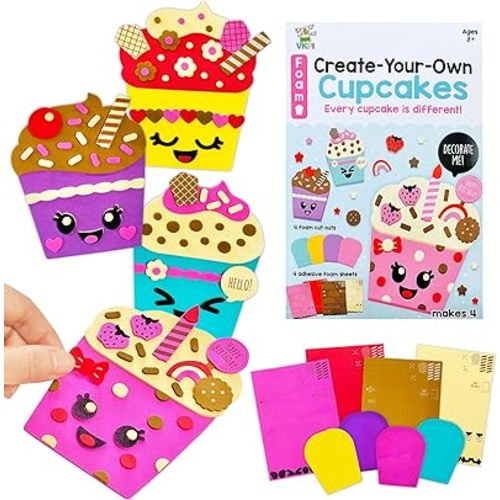 VKPI 4 Pieces EVA Foam Art Crafts Gift Kit, Creative Make Your Own Cupcakes, Cartoon Foam Paper Craft Projects for Kids Ages 4+ Toddler, Preschool Learning Toy for Birthday Party Favor Supplies