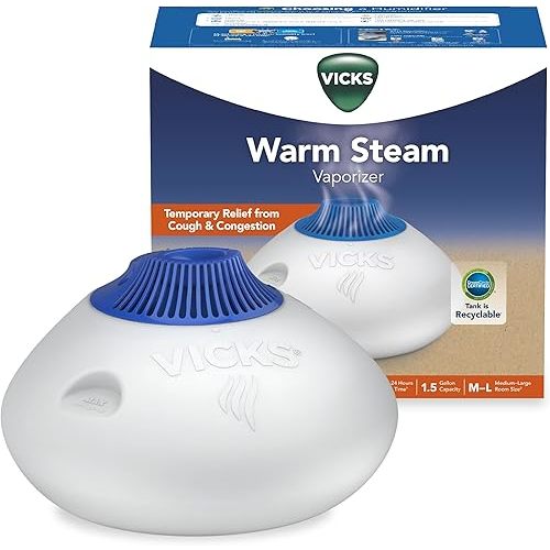Vicks Warm Steam Vaporizer, Small to Medium Rooms, 1.5 Gallon Tank – Warm Mist Humidifier for Baby and Kids Rooms with Night Light, Works with Vicks VapoPads and VapoSteam