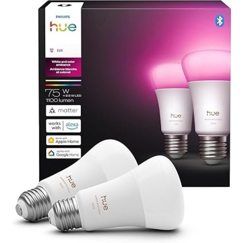 Philips Hue Smart LED A19 Bulb 2-Pack, White and Color Ambiance, E26 Base, 9.5W, Full Spectrum Light 1000K-20000K, 1100 Lumens, Dimmable, Compatible with Alexa, Google Assistant, Apple Home