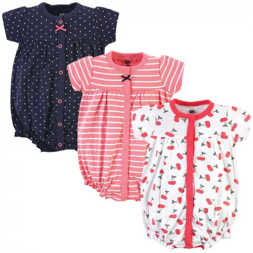 Hudson Baby Infant Girl Cotton Rompers 3pk, Little Cherries, 0-3 Months