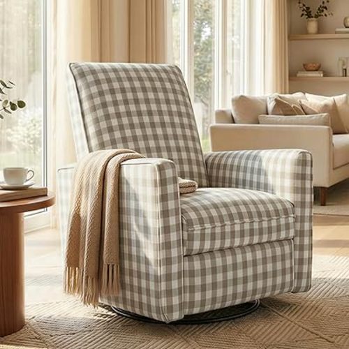 Swivel Rocker Recliner Chair, Nursery Glider Recliner Manual Rocking Comfy Upholstered Fabric Reclining Single Sofa for Nursery Bedroom Living Room