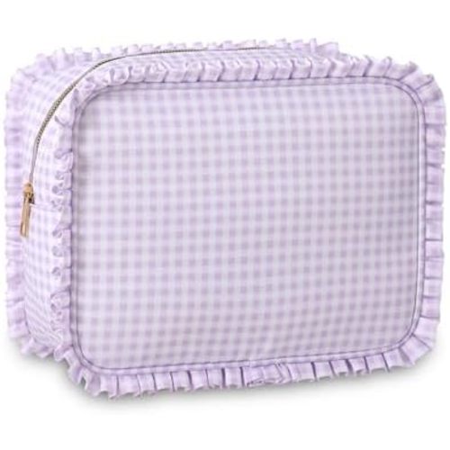 Gingham Ruffle Makeup Bag,Large Travel Cute Cosmetic Bag for Women Girls,Toiletry Bag Make up Organizer (Purple)
