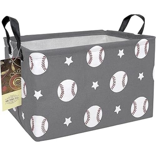 HUNRUNG Rectangle Storage Basket Cute Canvas Organizer Bin for Pet/Children Toys, Books, Clothes Perfect for Rooms/Playroom(REC-Grey Baseball)