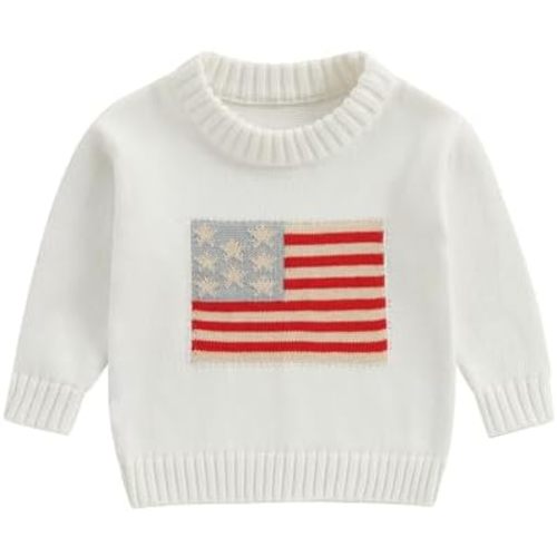 Toddler Baby Boy Girl 4th of July Outfit Long Sleeve Crewneck American Flag Sweater Memorial Day Patriotic Pullover Knit Tops