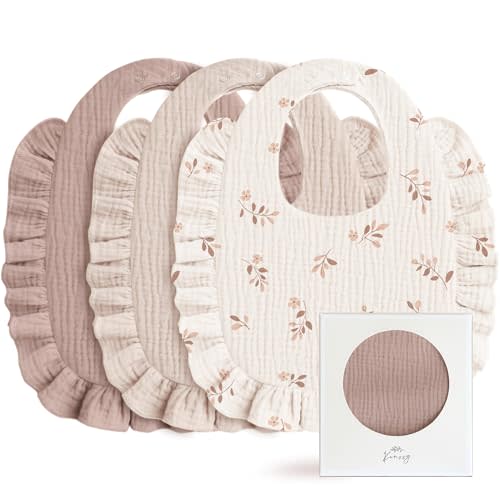 Konssy Muslin Baby Bibs for Girls – Soft 100% Cotton Drool Bibs, Ruffle Trim for Newborns & Toddlers 0-36 Months 3-Pack