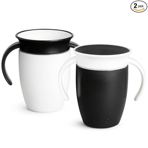 Munchkin Miracle 360 Sippy Cup for 6 Month Old, Spill Proof Baby and Toddler Cups with Transition Handles, 7 Ounce, 2 Pack, Black/White