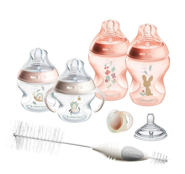 Tommee Tippee Natural Start 8 Piece BPA Free Bottle Set, Includes 2 x 5 oz & 2 x 9 oz Bottles, 1 x Medium Flow Nipple, 1 x 0-6m Pacifier, 1 x Removable Bottle Handle, 1 x Cleaning Brush, Pink