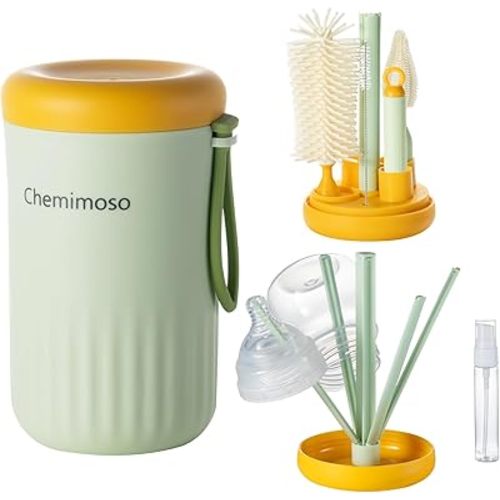 Travel Silicone Baby Bottle Cleaner Brush Set, Foldable Baby Bottle Drying Rack, Essential Cleaning Set for Outdoor Travel, Orange and Green