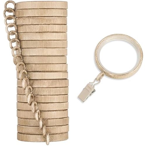 MODE Cambria Designer Series - Premium Easy Glide 18 Count Curtain Rings - Metal with Smooth, Quiet Nylon Inserts with Clips - 2 inch Diameter (1-5/8 inch Inside Diameter) - Weathered Oak