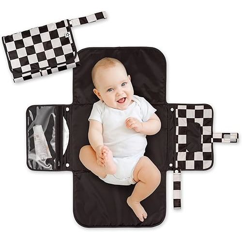 Tiny Twinkle Portable Diaper Changing Pad - Foldable Waterproof Diaper Changing Mat for Travel, Baby Changing Station with Smart Wipes Pocket & Storage (Black Checkers)