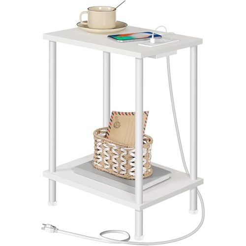 HOOBRO Side Table with Charging Station, End Table with USB Ports and Outlets, Nightstand with 2-Layer Storage Shelves for Small Spaces, Living Room, Bedroom, White WW09UBZ01