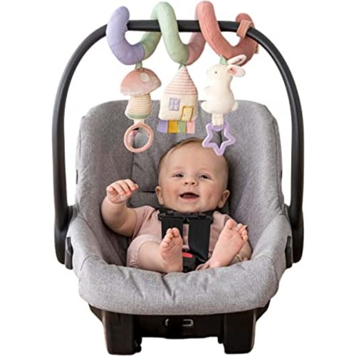 Itzy Ritzy Spiral Car Seat & Stroller Activity Toy - Stroller & Car Seat Toys for Ages 0 Months and Up - Hanging Toys Include Dangling Ring, Mirror and Textured Ribbons (Pastel Rainbow)