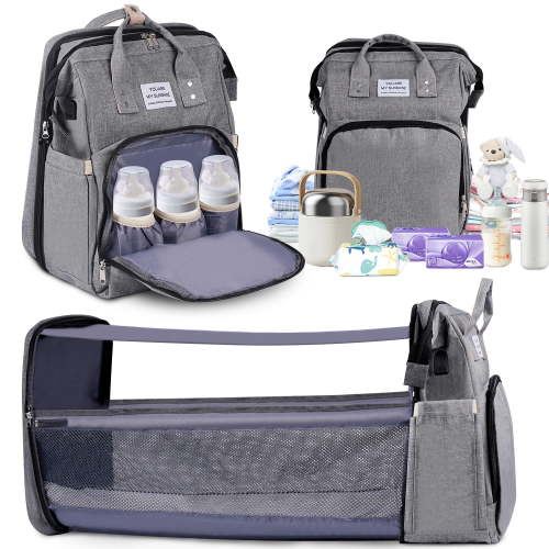 FEBFOXS Diaper Bag Backpack, Multifunction Waterproof Baby Diaper Bag, Large Capacity Foldable Crib Travel Bag with Changing Pad, USB Charging Port, Travel Back Pack for Moms Dads, Gray