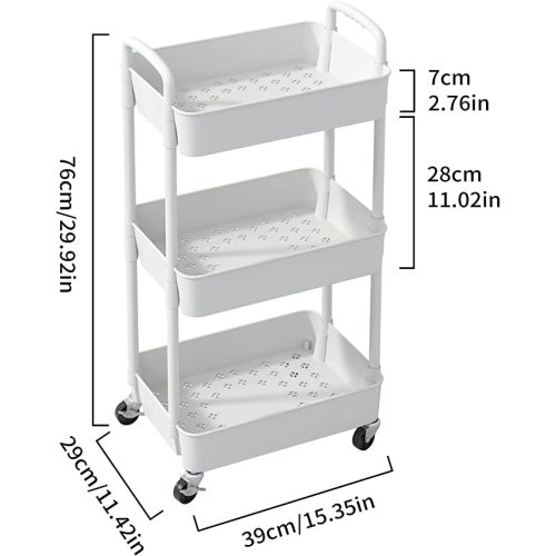 Sywhitta 3-Tier Plastic Rolling Utility Cart with Handle, Multi-Functional Storage Trolley for Office, Living Room, Kitchen, Movable Storage Organizer with Wheels, White