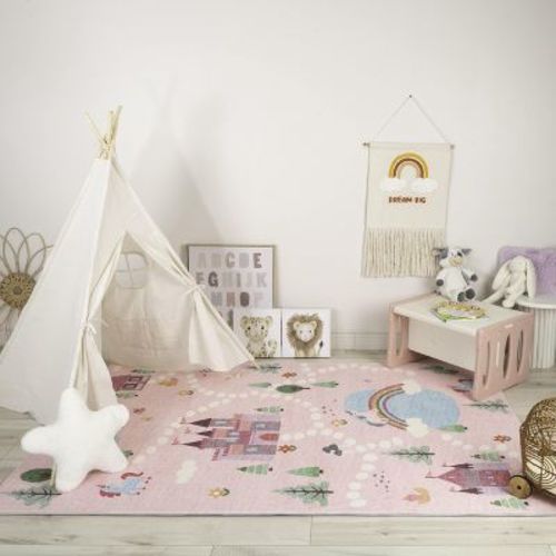 Rug Branch Soft Steps Playtime Unicorns, Castle, Road Map Pink White Indoor Soft Area Rug - 7' x 10'