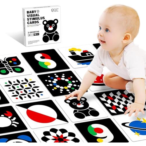 High Contrast Baby Flashcards, Black White Baby Cards with Red Yellow Blue Newborn Toys for Infants Visual Stimulation Brain Sensory Development 20 Pcs 40 Pages 5.7'' x 5.7''(3-6 Months)