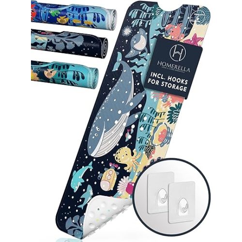 Homerella Baby Bath Tub Mat | Anti Mold Mildew Resistant Non Slip Kids and Adult Bath Tub Shower Mats | 40x16 inch Long with Suction Cups for Secure Grip Hooks for Storage & Drying | Machine Washable