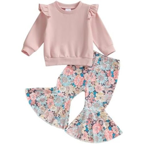 Mubineo Toddler Baby Girl Clothes Cute Outfits Long Sleeve Sweatshirt Tops Floral Bell Bottom Pant Fall Winter Outfit