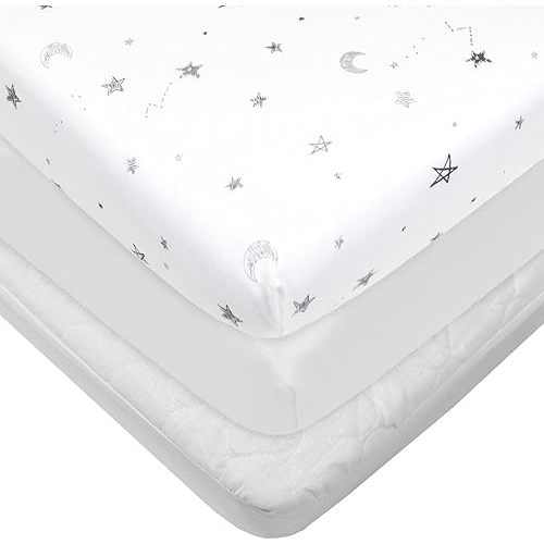 American Baby Company Bassinet Set, 100% Cotton Fitted Bassinet Sheet (2 Pack) and a Waterprrof Quitled Bassinet Mattress Pad Cover, Gray Star and White, for Boys and Girls