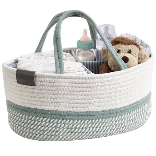 DECOMOMO Diaper Caddy, Baby Diaper Caddy Basket, Diaper Organizer for Changing Table Girl Boy Gift (Spiral Green & White, Large)