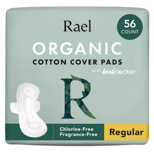 Rael Organic Cotton Cover Pads - Regular Absorbency, Unscented, Ultra Thin Pads with Wings for Women (56 Total)
