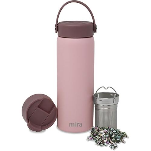 MIRA 18 oz Tea Infuser Thermo - Stainless Steel Travel Bottle with Removable Strainer for Loose Leaf Tea - Insulated Hot & Cold Brew Steeper - Punch Pink
