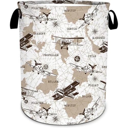 Airplane Laundry Basket, Vintage transportation Laundry Hamper World Map Tote Bag Dirty Clothes Storage Bucket Toy Organizer for Bathroom/Laundry/Bedroom 15.7"x19.6"