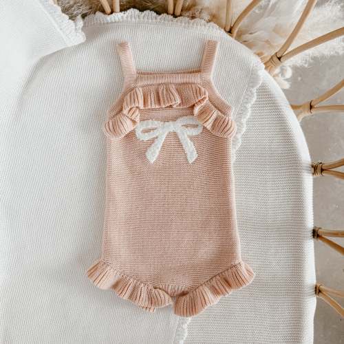 Bow Singlet Frill Knit Romper - Pink Lemonade