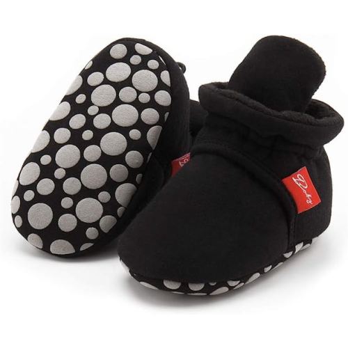 HsdsBebe Unisex Newborn Baby Cotton Booties Non-Slip Sole for Toddler Boys Girls Infant Winter Warm Fleece Cozy Socks Shoes - 6-12 Months Infant - D/Rope Black