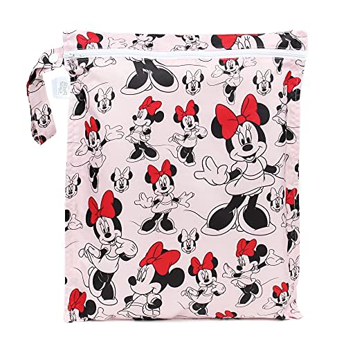 Bumkins Disney Waterproof Wet Bag for Baby, Travel, Swim Suit, Cloth Diapers, Pump Parts, Pool, Gym Clothes, Toiletry, Strap to Stroller, Daycare, Zipper Reusable Bag, Packing Pouch, Minnie Mouse