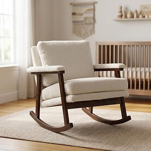 Rocking Chair Nursery, Compact Glider Rocking Chair for Indoor Use, Small Upholstered Rocker Chair for Bedroom Living Room, Teddy Fleece Accent Chair,White