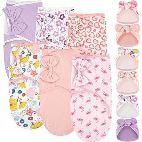 Ramede 6 Pack Baby Swaddle Blanket with Hats Sleep Swaddle for 0-3 Months Newborn Sacks Soft Cotton Wearable for Boy Girl